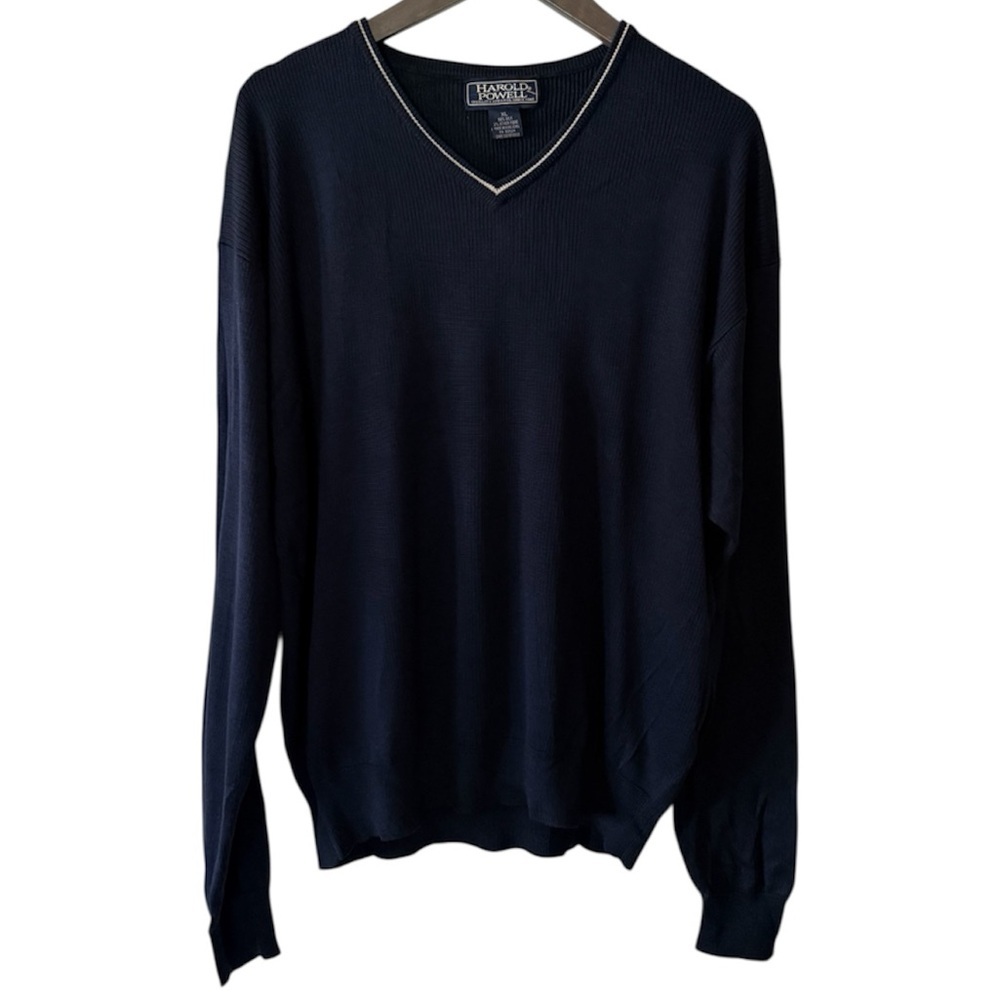 Harold Powell Silk V-Neck‎ Sweater Men’s XL Navy Lightweight Knit